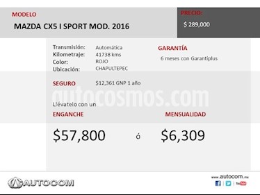Foto venta Auto Seminuevo Mazda CX-5 I SPORT 2AM (2016) precio $289,000